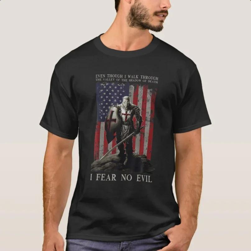 

I Fear No Evil USA Flag American Crusader Knights Templar TShirt 100 Cotton ONeck Summer Short Sleeve Casual Mens Tshirt S