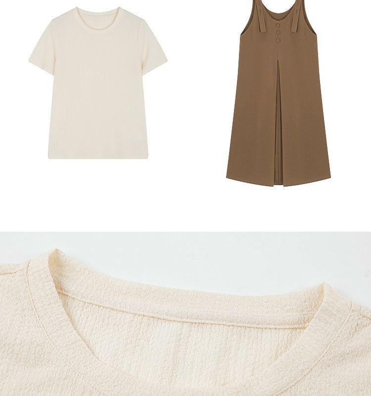 Casual Summer White T-shirt and Strappy Dress Set with Pleated Slimming Design