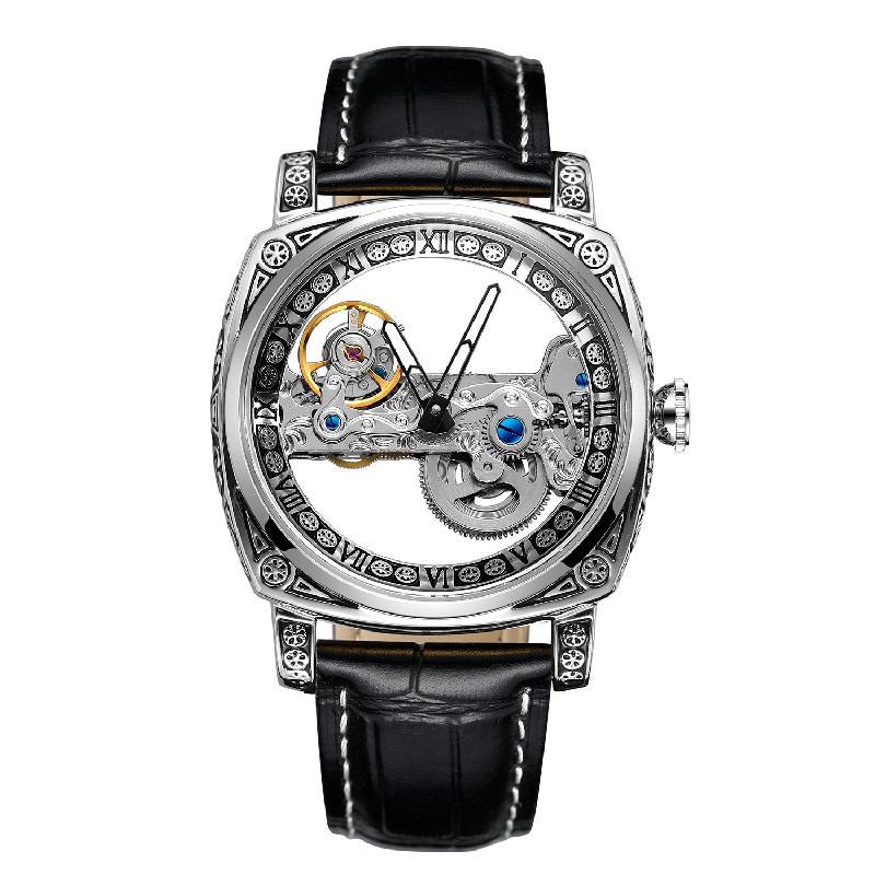 FORSINING Automatic Men Watch Mechanical Bridge Skeleton Transparent Luxury Vintage Cushion Case Suede Leather Male Dress Watch
