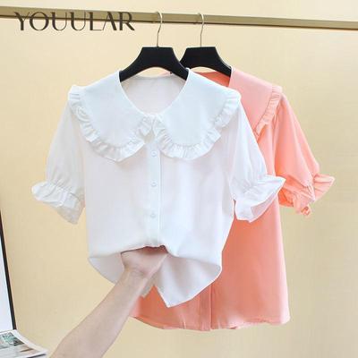 Summer White Girls Short Sleeve T-Shirt ChiffonTeen Kids Lace Lapel Blouse Cheildren School Clothes Tops