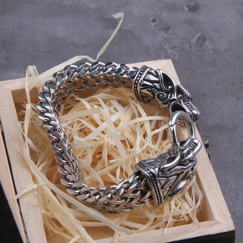 Viking Dragon Charm Bracelet for Men Stainless Steel Mesh Chain Silver Color Punk Biker Jewelry Never Fade Rock Wolf