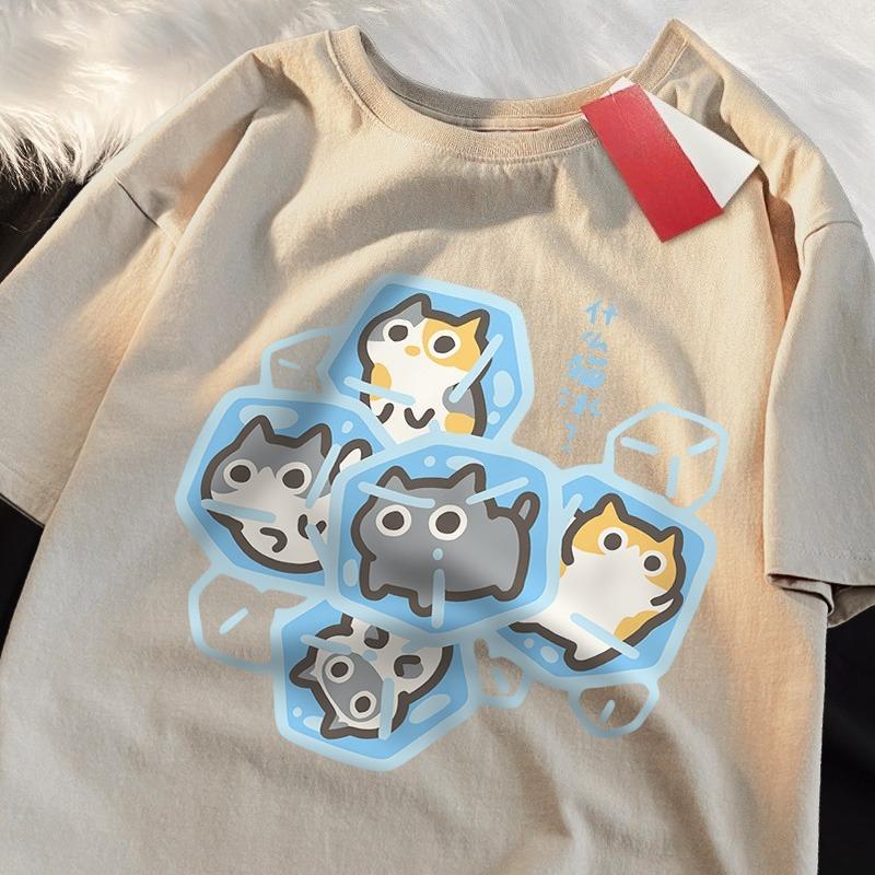 2026 Hot Sale Ice Cat Fun Cartoons Cats Print Clothes Men Women Oversize Breathable T Shirt Summer Comfortable Casual T-Shirt Cotton Tee Shirt