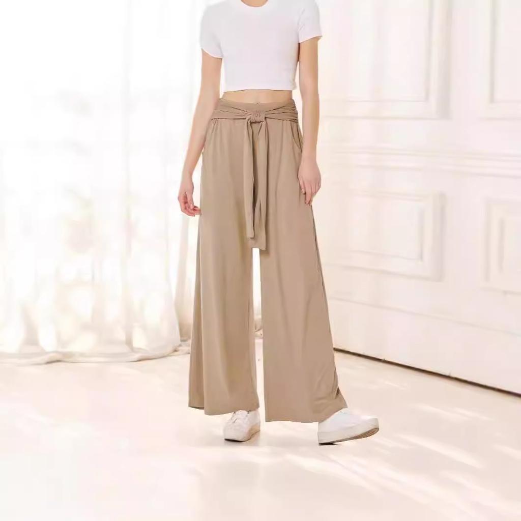 Women's Elastic High Waist Self Tie Belt Solid Color Wide Leg Long Pants Soft Casual Loose Trousers For Summer Daily Yoga Wear