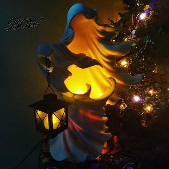 Resin Night Lights for Patio Halloween Ghost Messenger Figurine, Witch Statue with Lantern, Waterproof Indoor Outdoor Whimsical Party Decor