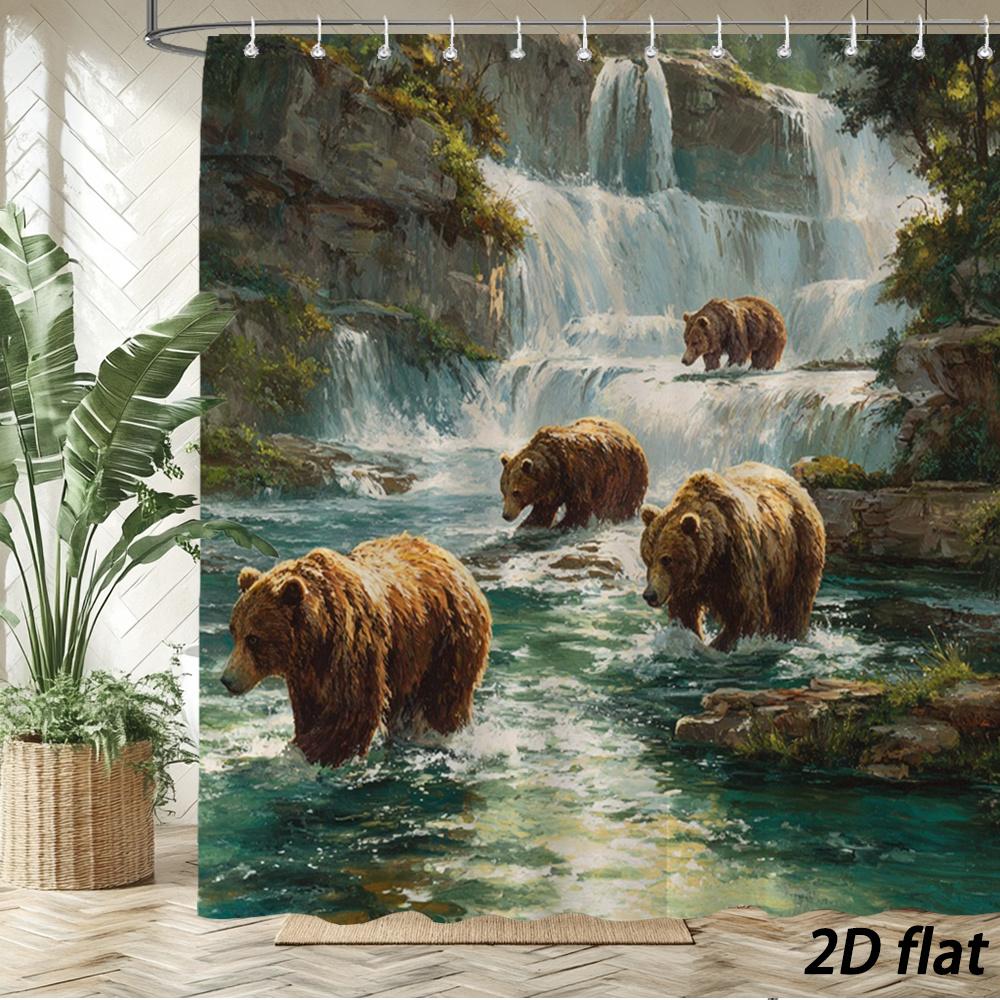 

Grizzly Bear Waterfall Shower Curtain – 2D Flat, Realistic Wildlife Art, 12 Hooks, 70.8×70.8 In, Polyester, Machine Washable W60H190(CM)-1 Pcs