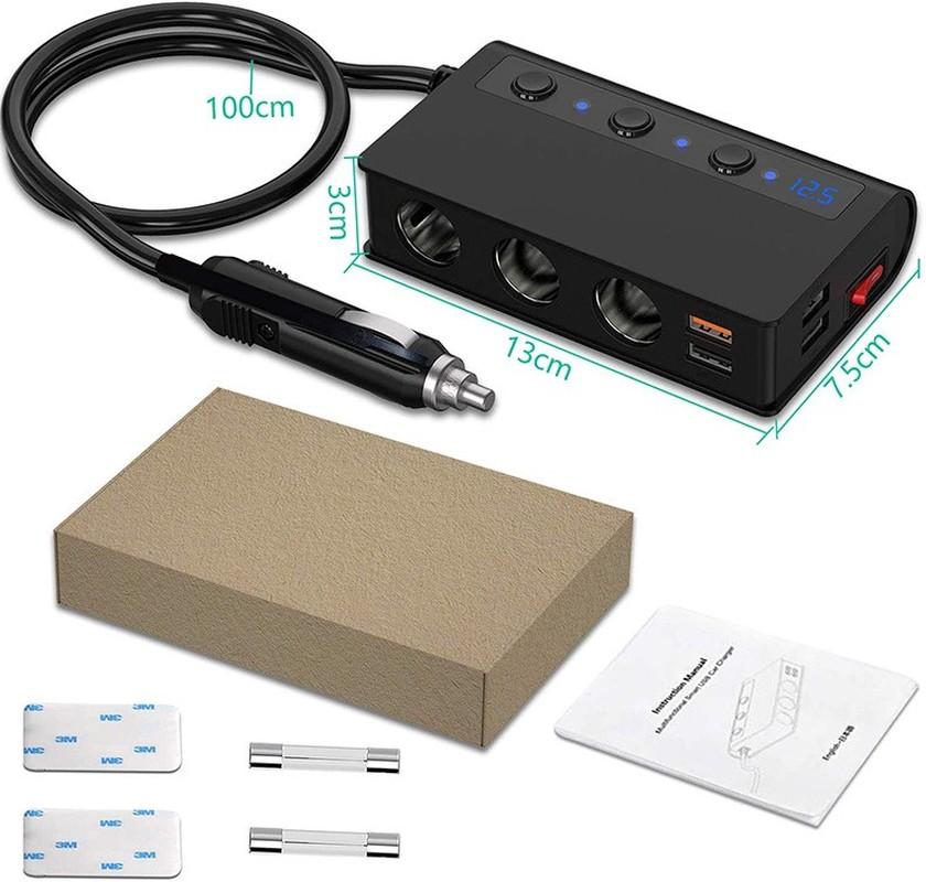 Car Cigarette Lighter 3 In 1 Belt Switch 4 USB 180W High Power QC3.0 Fast Charge Car Charger