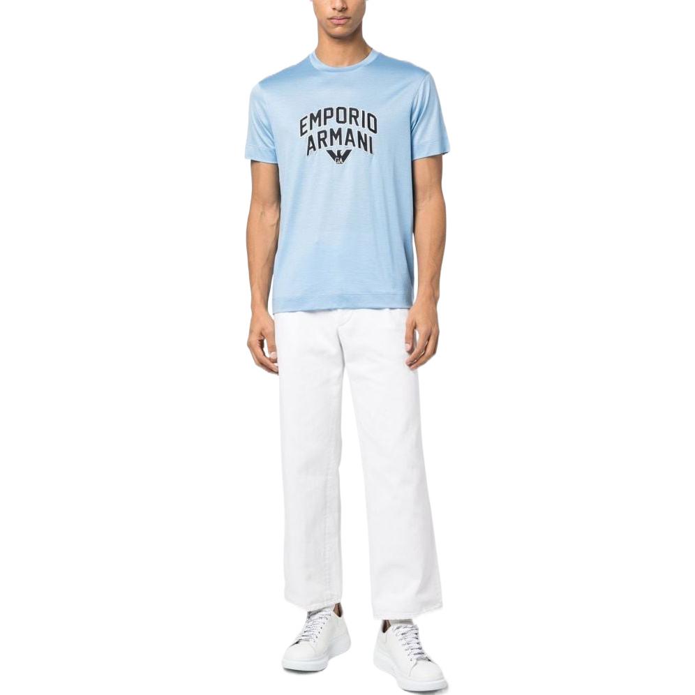 Emporio Armani Ss23 Round Neck Letter Logo Embroidered Short Sleeve T-Shirt Men Tops Blue 3R1TBF-1JUVZ-0708