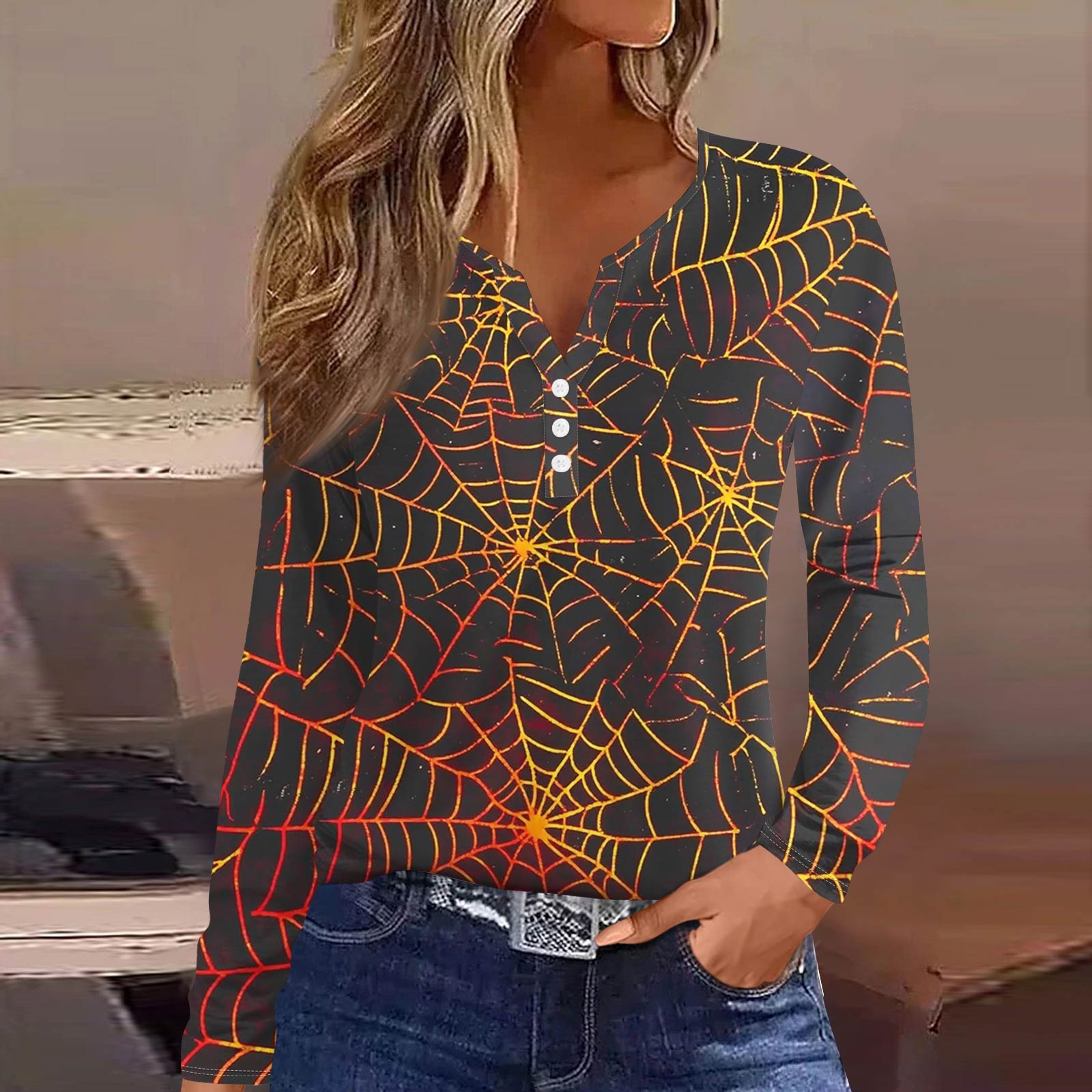 

Жен. Футболка Футболка на пуговицах с длинным рукавом Повседневные Выходные Мода Классический Топ с v-образным вырезом Обычный M шафрановый