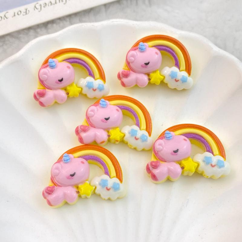 10Pcs New Cute Cartoon Rainbow Unicorn Series Flat Back Ornament Jewelry Bows Accessories