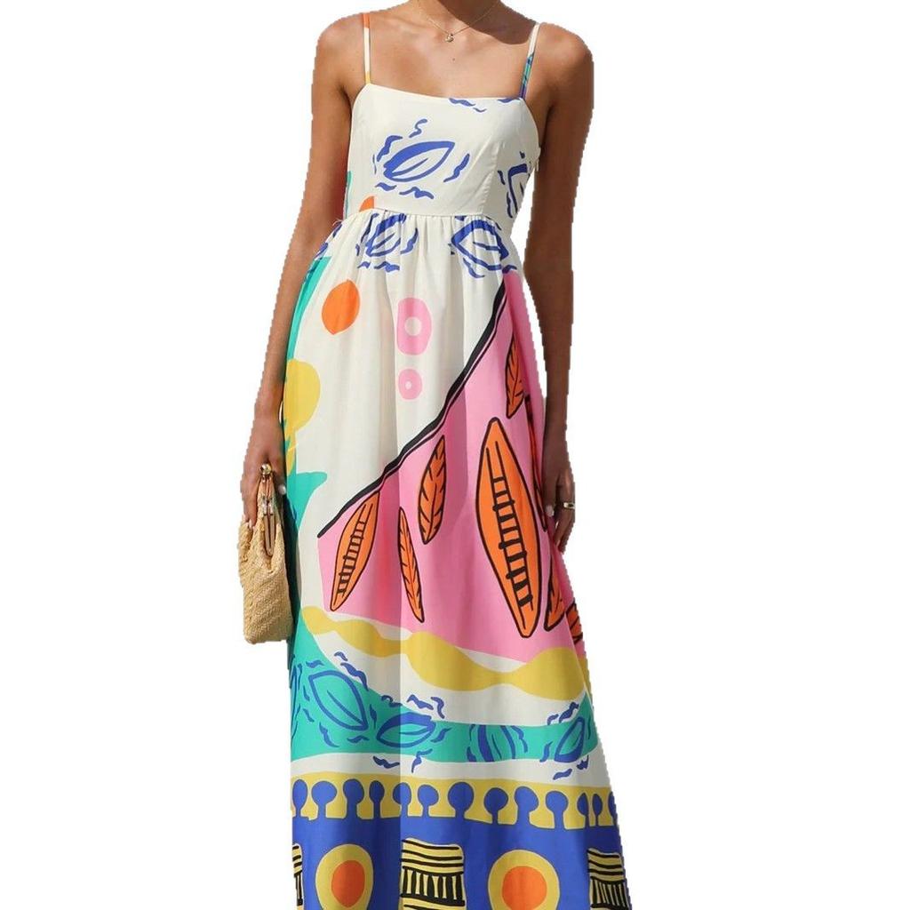 Women's Boho Floral Beach Sundress Sleeveless Summer  Maxi Dress Spaghetti Straps Casual Smocked Flowy A-Line Dress Party Long Dresses for Women