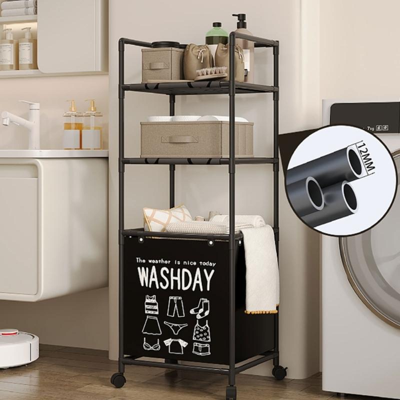 Sturdy Metal Frame Laundry Hamper Rolling Wheels Foldable Designs Removable Shelves for Home Organization Daily Use