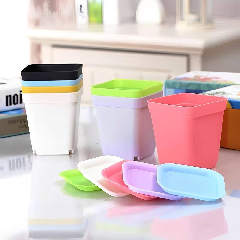 6pcs Plastic Square Succulent Flowerpots & Trays Mixed Candy Color Garden Horticulture Home Office Desktop Decoration YMY