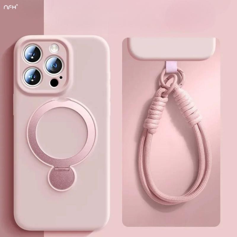 For iPhone 16 Pro Max Luxury Magsafe Magnetic Holder With Lanyard Liquid Silicone Phone Case For iPhone13 14 15 Protective Cover
