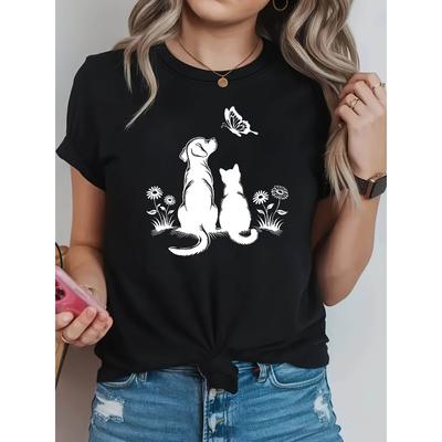 Übergröße, Katzen Hunde und Schmetterlinge Grafikdruck Übergröße Damen T-Shirt, Kurzarm Rundhals Lässiges Oberteil für Sommer & Frühling, Damenbekleidung