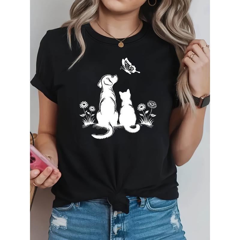 

Plus Size, Cats Dogs and Butterflies Graphic Print Plus Size Women s T-shirt, Short Sleeve Crew Neck Casual Top for Summer & Spring, Women s Clothing S чёрный