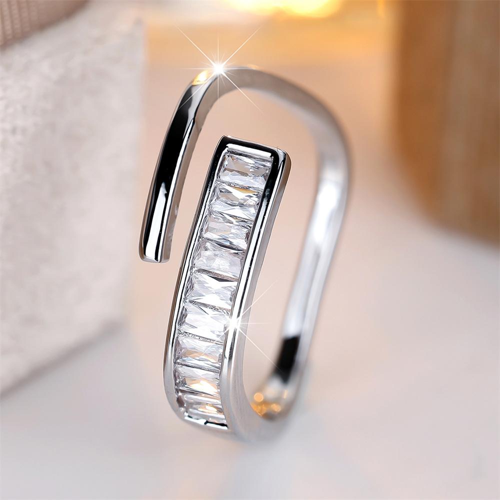 Single Row White Zircon Square Stone Open Rings For Women Gold Silver Color Engagement Bands Wedding Jewelry