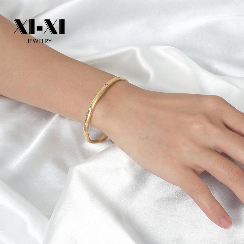 18K Gold Plated Rhinestone Curved Bracelet - Versatile Titanium Steel for Women