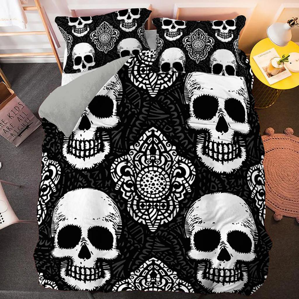 3D Skull Funny Skeleton Smoking Pattern Duvet Cover Halloween Black Skull Theme Bedroom Decoration for Children Teens Women Men