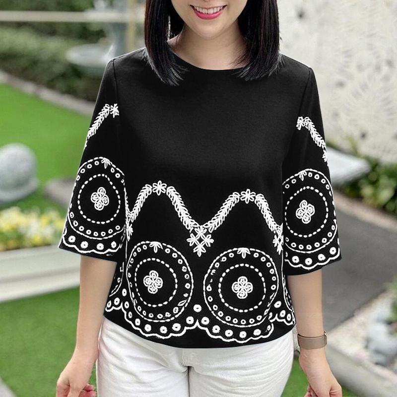 ZANZEA Lässige Bluse mit Rundhalsausschnitt und 3/4-Ärmeln und lockerem Print für Damen