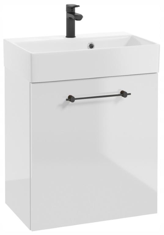 Szafka łazienkowa wisząca biały połysk, czarne uchwyty 60x50cm bateria i syfon Elara