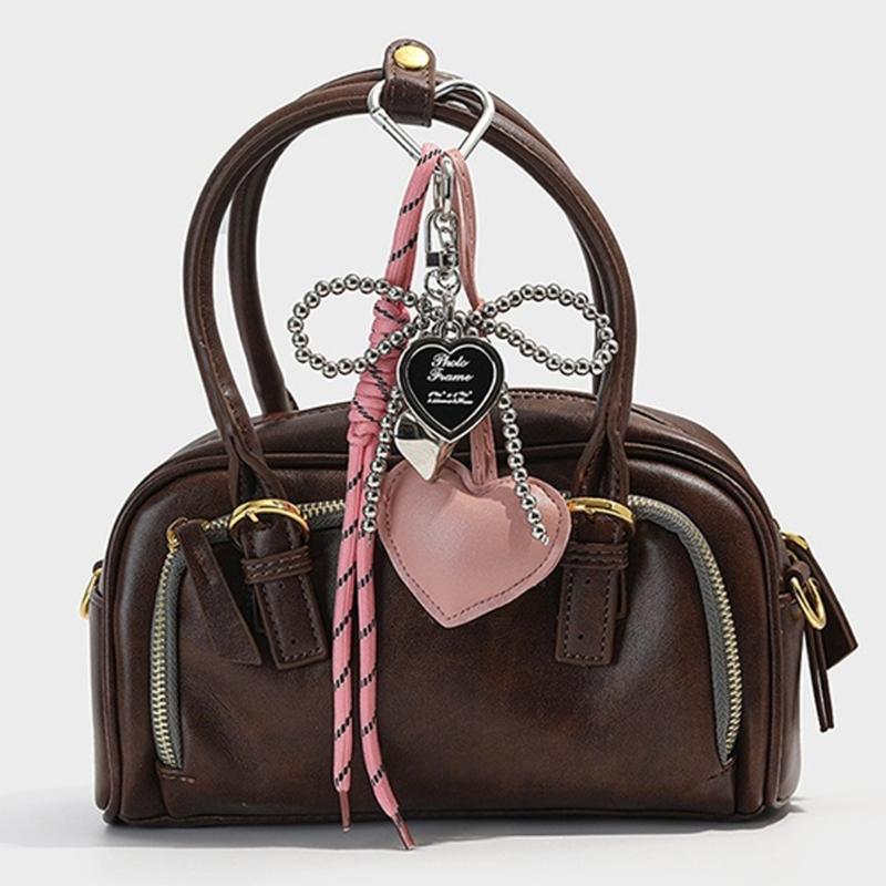 Gothic Silver Bead Bows Charm Heart Shaped Bag Accessory Fashion Bag Pendant Casual Keychain For Dark Style Lover