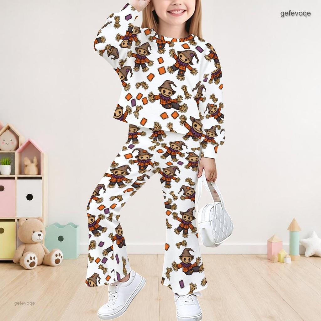 Dívčí bílý top s dlouhým rukávem a potiskem strašáka a zvonové kalhoty, neformální dvoudílný outfit