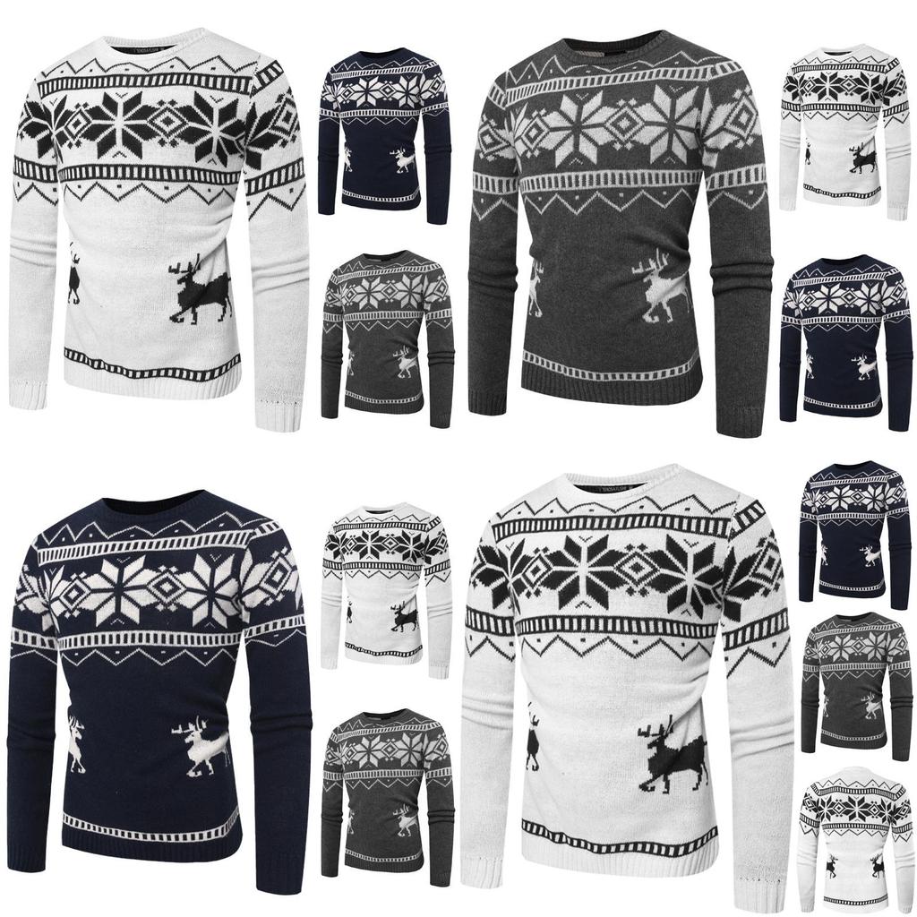 Gemütlicher und weicher Herren-O-Ausschnitt-Pullover mit festlichem Hirsch-Druckdesign für Weihnachtsfeiern