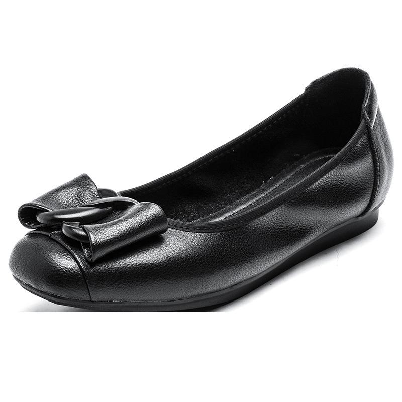 Neue Einzel-Schuhe Damen Frühling Freizeit flacher Boden erste Schicht Rindsleder flache Öffnung bequem Ein-Pedal Square Dance Mutterschuhe