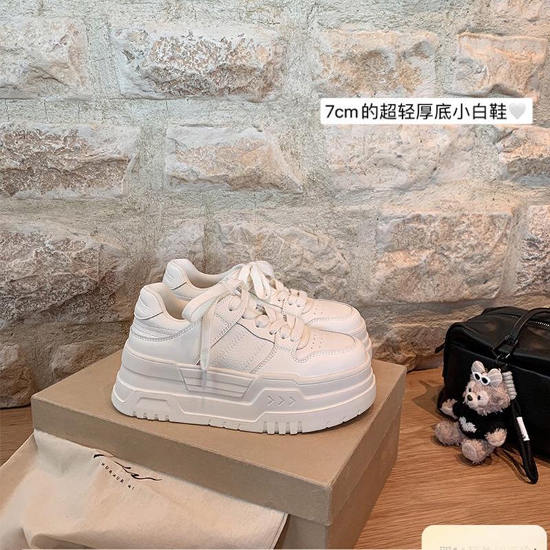 Cowhide Version~ The Same Thick-soled White Shoes, the New Small Height-increasing Lace-up Sports and Leisure Women's Board Shoes