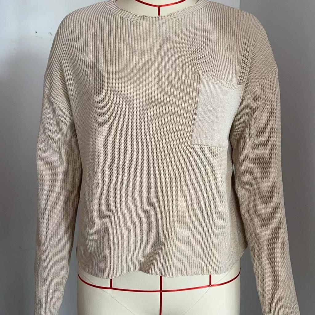 Autumn Women's Round Neck Pocket Embellished Top Long Sleeve Sweater