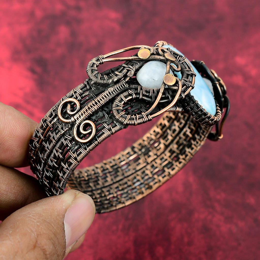 Larimar Bangle Copper Wire Wrapped Cuff Bracelet Adjustable Bangle Rainbow Moonstone Gemstone Cuff Anniversary Gifts Handmade Copper Jewelry