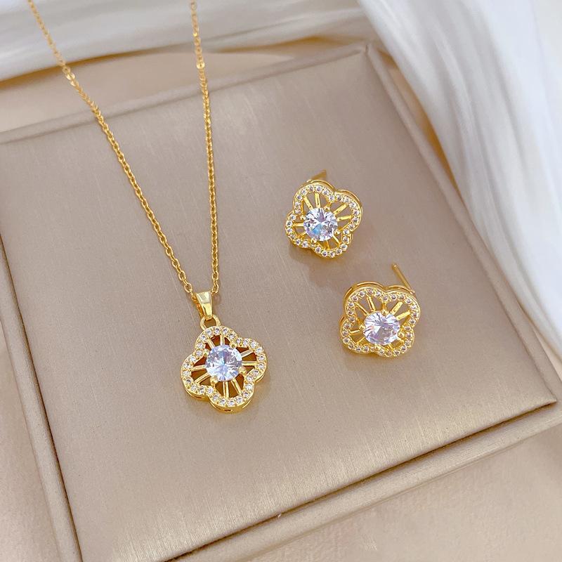 Full of Zirconium Exquisite Wind Copper Micro-inlaid Earrings Necklace Set Combination