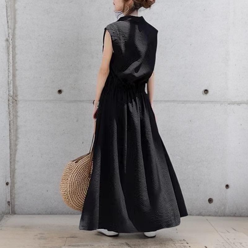 Women's Spring/Autumn Turn-Down Collar Maxi Shirt Dress - Long Sleeve, Solid Color, Casual