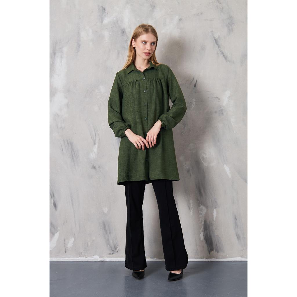 Women's Imported Linen Tunic Shirt With Gathered Front And Elastic Sleeves