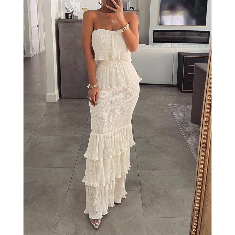 

2026 Stylish Strapless Ruched Ruffle Long Dress for Women - Europe & America Collection Large белый