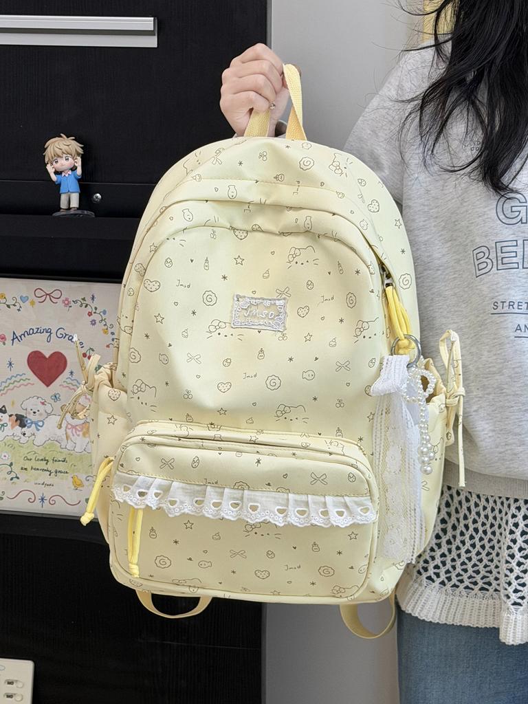 2 sizes of lace women's backpacks with beaded pendants Ins Cute Cartoon Printed school bags Sweet ladies travel mini backpack