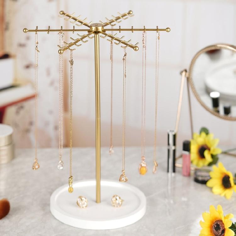 Decorative Gold Metal Jewelry Stand 48 Hooks 360° Rotation Design Large Capacity Necklace Bracelet Organizers Compact Display