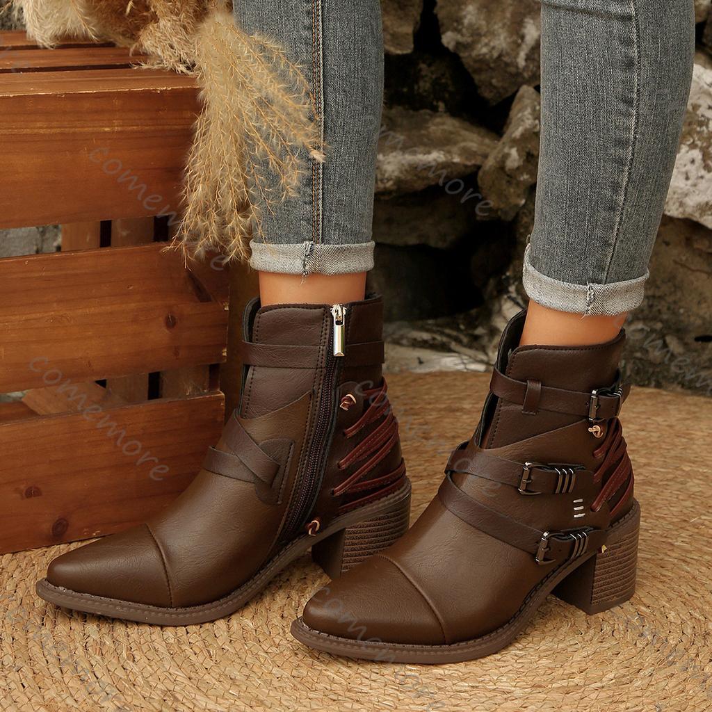Fashion Comemore Vintage Belt Buckle Short Fashion Boots Women Chunky Heel Side Zipper Women's Shoes Gladiator Knight Botines Femininos