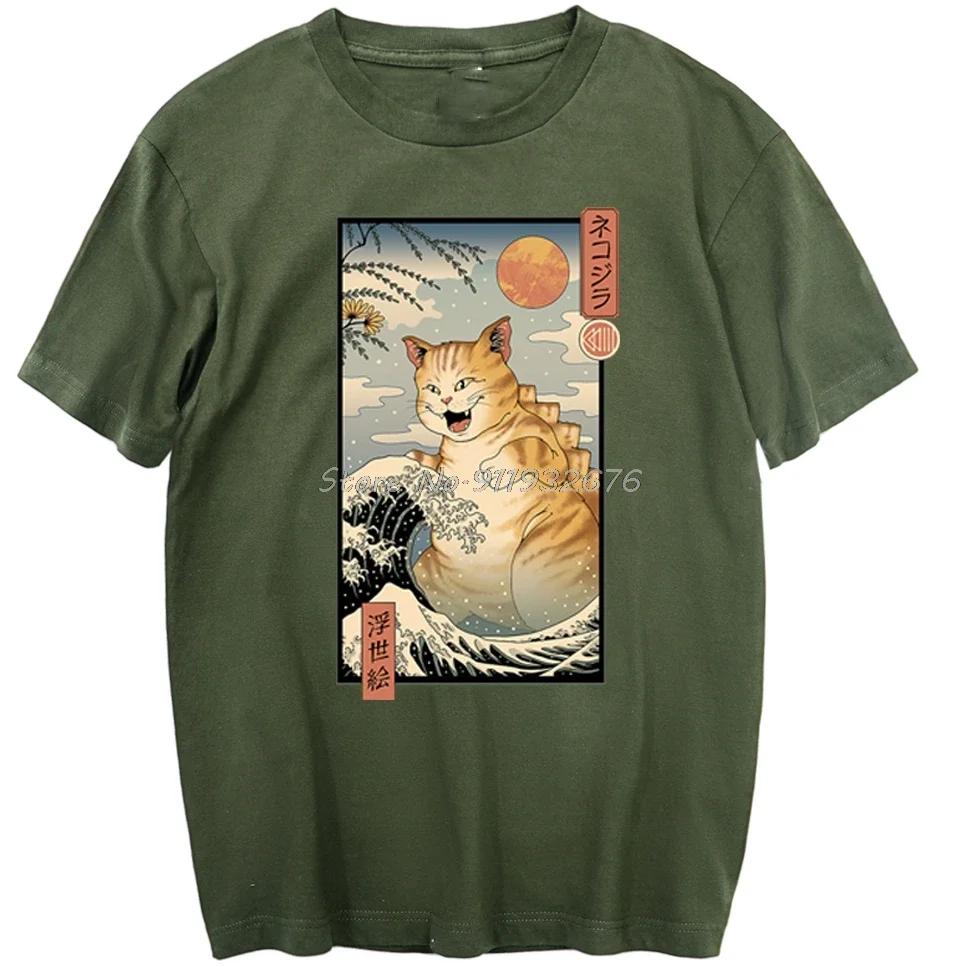

Японская уличная мода Огромные футболки с котом Короткий рукав Мужская одежда Забавные ретро топы Модная футболка с узором Летняя уличная одежда XXXL армия зеленый