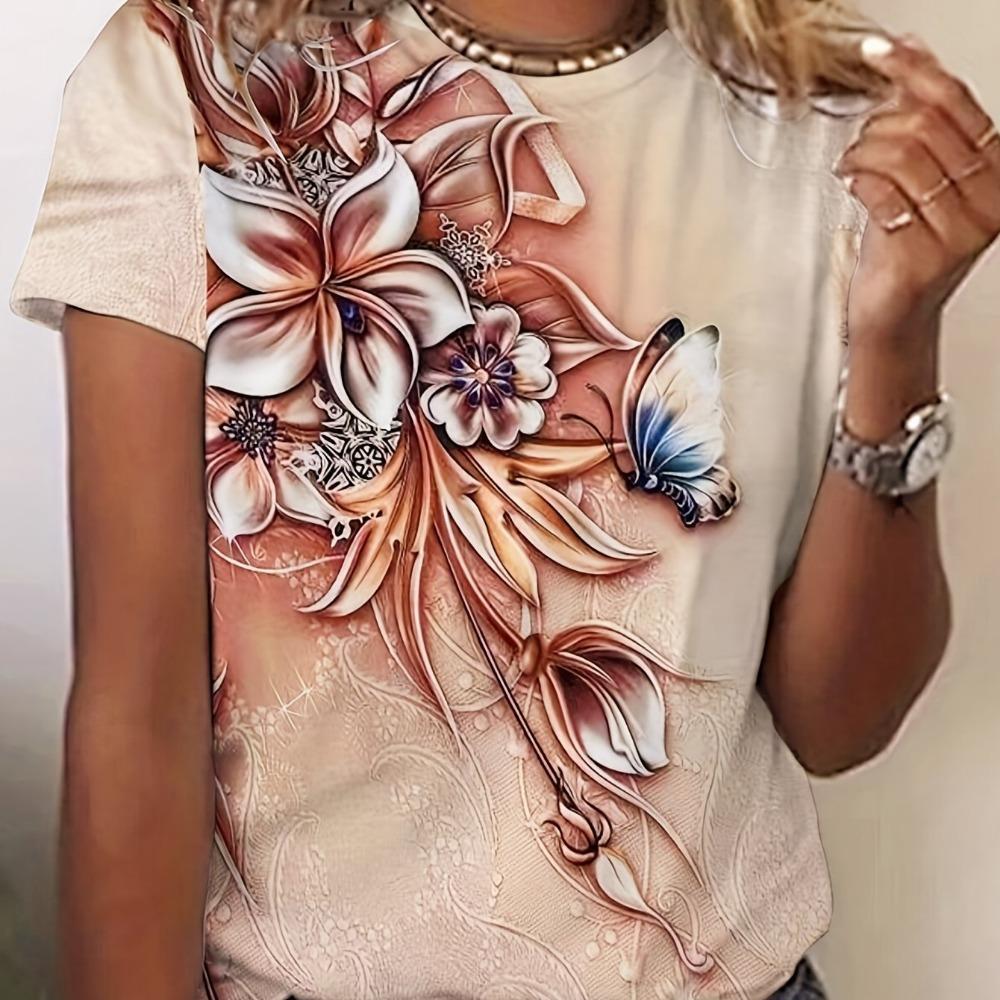 Plus Size Girls Vintage T-shirt Flower Printed Women's T-shirt Gift for Mum Street Loose Short Sleeve T-shirt Tops Summer Shirt