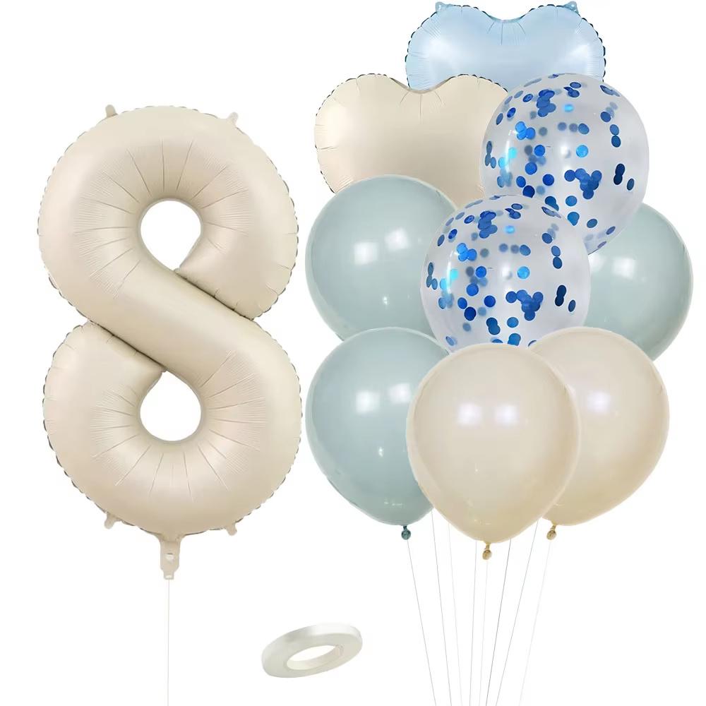 12pcs Vintage Beige Blue Balloon Set 32inch Foil Number Balloon For Kids Happy Birthday Party Decorations DIY Gifts Supplies
