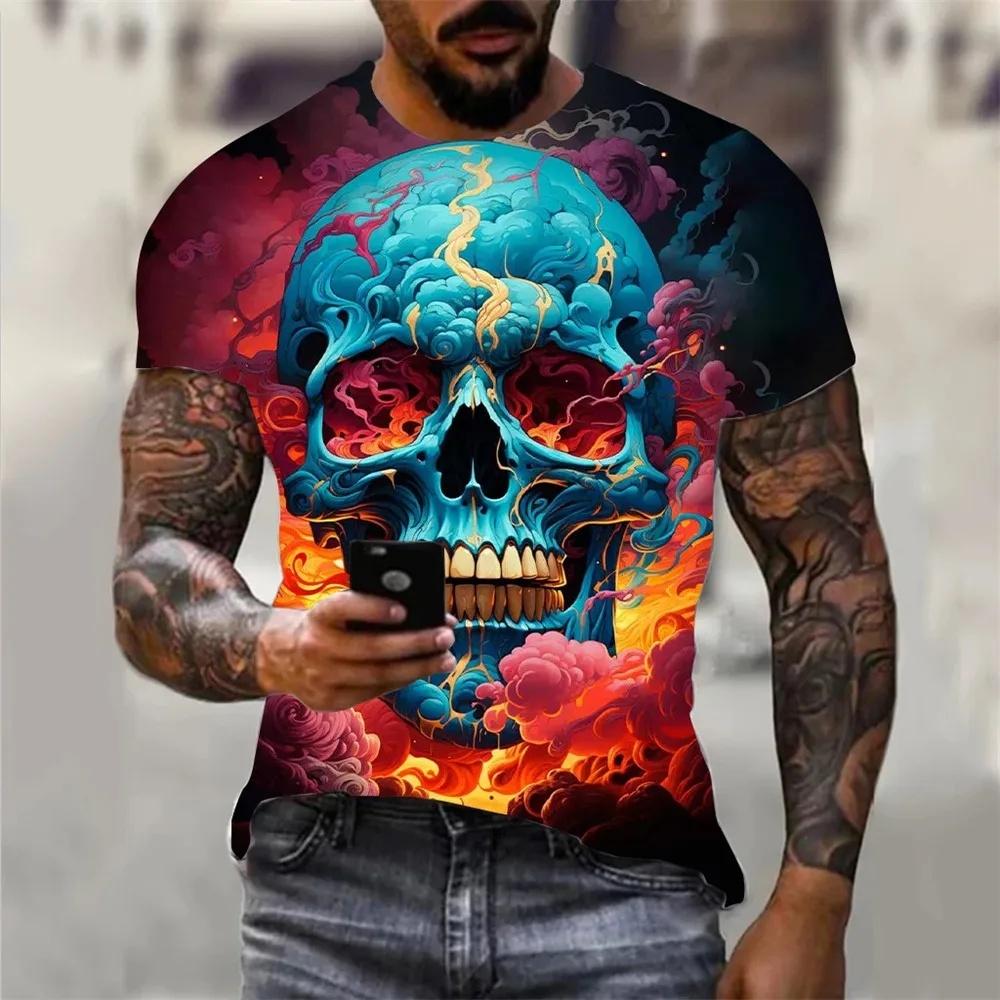 Men's Summer Skull Print T-Shirt Soft Breathable Round Neck Outdoor Street Style Casual Graphic Tee Comfort Top