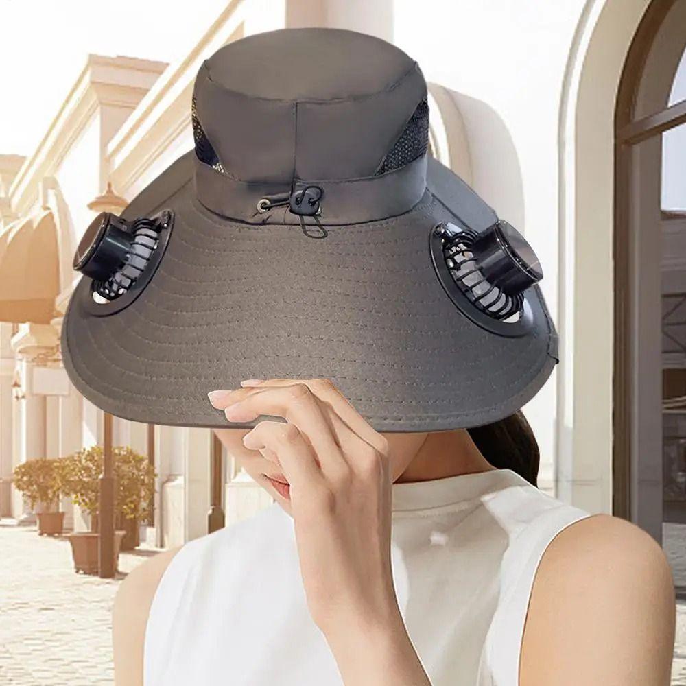 Dual Fan Wide Brim Sun Cap Breathable Adjustable Visor Cap Cooling Fisherman Hat  Fishing