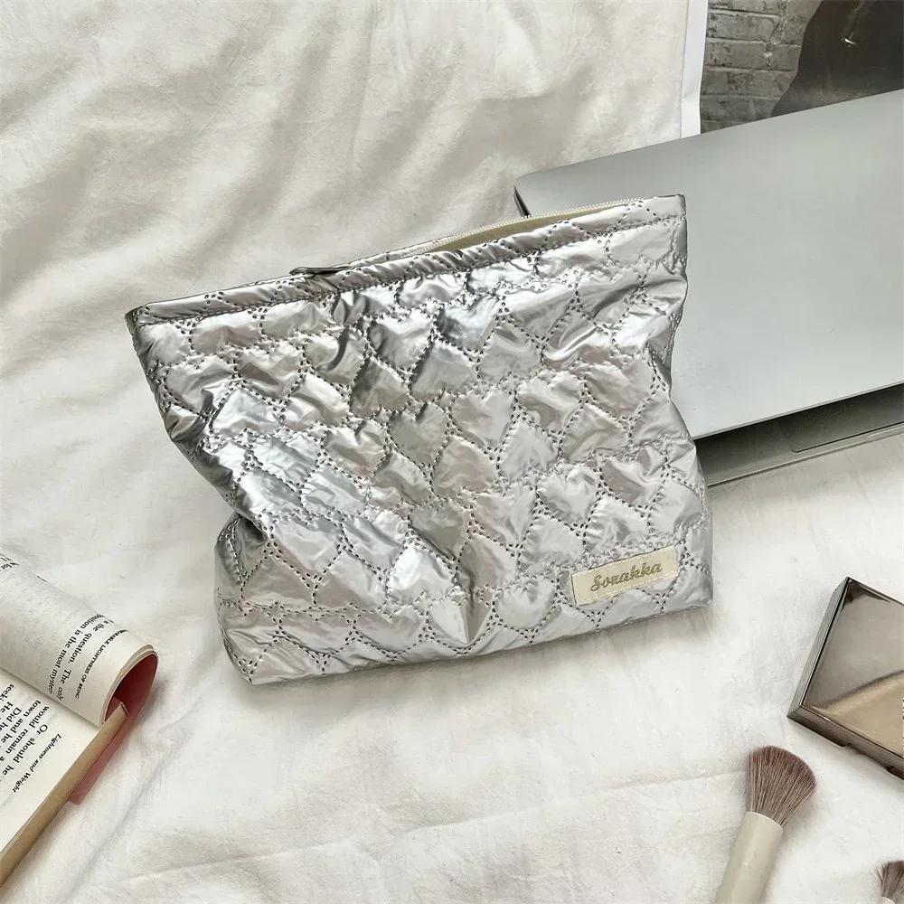 Korean Quilted PU Love Bow Cosmetic Bag Skincare Products Pouch Inner Pocket Multi-function Makeup Lipstick Storage Bag Handbag