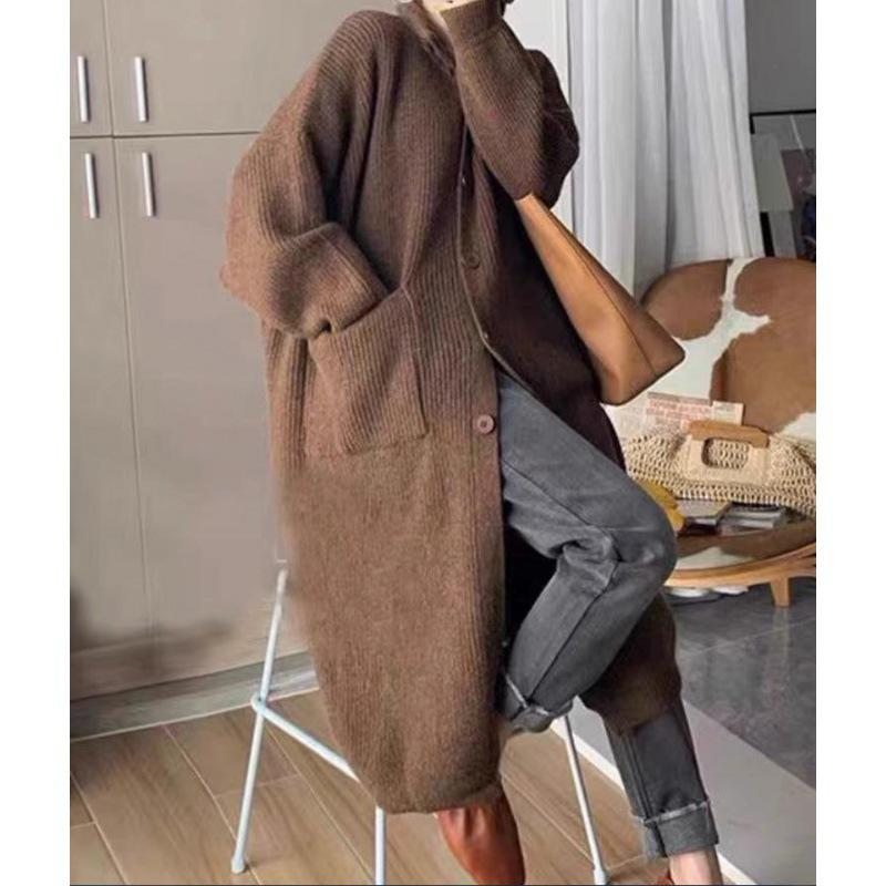 Korean High Neck Women's Knit Cardigan Sweater - Single Breasted, Solid Color, Long Sleeve, Autumn Winter Long Coat