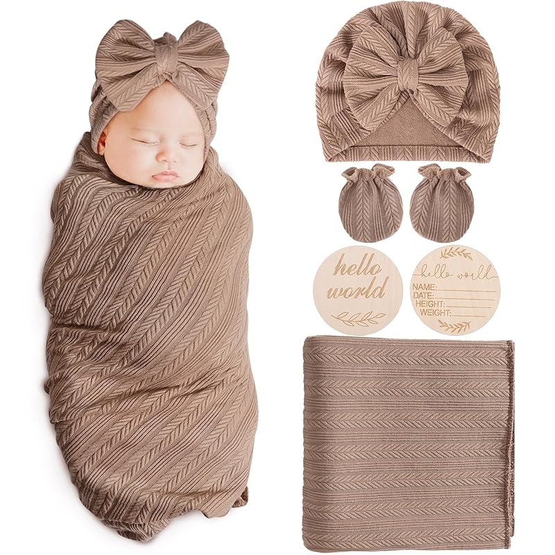 Newborn Receiving Blanket with Bow Hat Mittens Wooden Card Set Wheat-Pattern Newborns Toddler Baby Boy Girl Nursery Swaddle Wrap