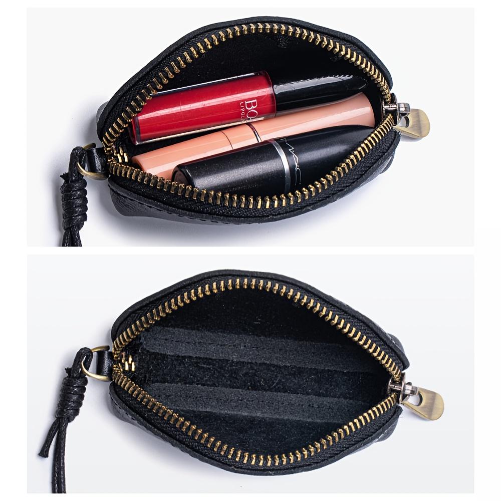 Women's Vintage Mini Hanging Neck Bag - Zippered Organizer Purse with Cord, Top Grain Cowhide Leather - Compact Makeup, Coin, Key, Earphone Case