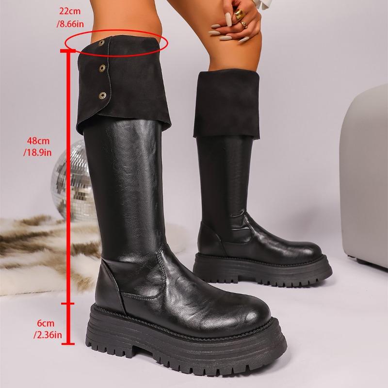 Temperament High Boots Autumn and Winter New Round Toe Sleeve Metal Buckle Studded Platform Block Heel Shoes