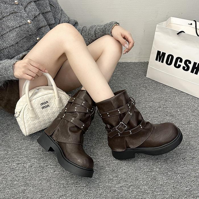 Maillard Trouser Boots 2025 New Retro Round Head Niche Design Medium Tube Boots Rivet Knight Boots