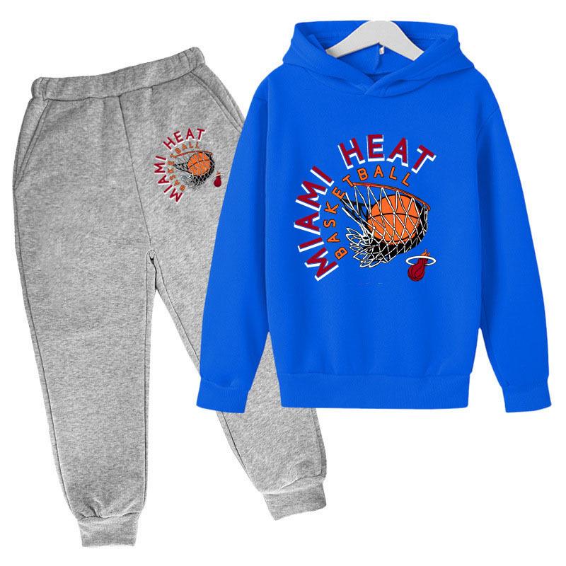 Autumn Winter Miami Heat Basketball Hoop Printed Hoodies Sweatpants Set Fashionable Casual Warm Sports Long Sleeved Pants Men's Sport Wear